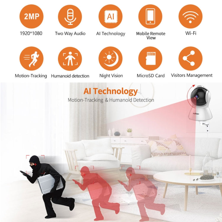 SriHome SH025 2.0 Million Pixels 1080P HD AI Auto-tracking IP Camera, Support Two Way Audio / Motion Tracking / Humanoid Detection / Night Vision / TF Card, AU Plug SriHome SH025 2.0 Million Pixels 1080P HD AI Auto-tracking IP Camera, Support Two Way Audio / Motion Tracking / Humanoid Detection / Night Vision / TF Card, AU Plug